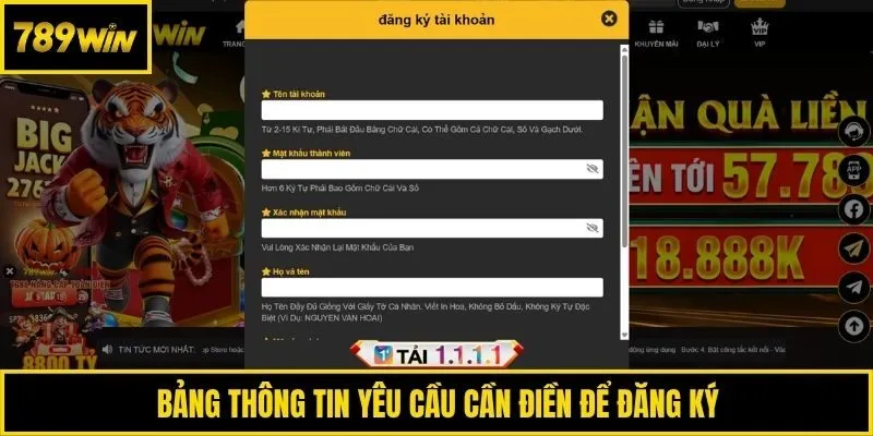 Bảng thông tin yêu cầu cần điền